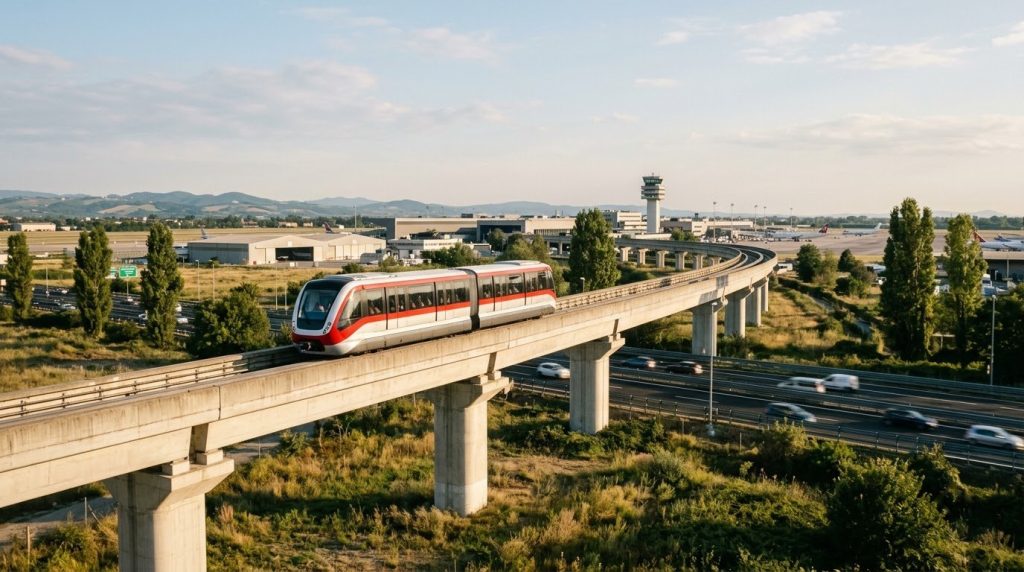 Monorail train above the tracks near Bologna's airport, Italy