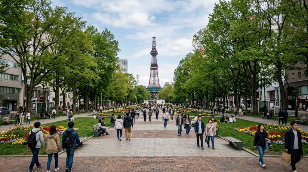 Odori Park walkway with the Sapporo TV Tower, Japan