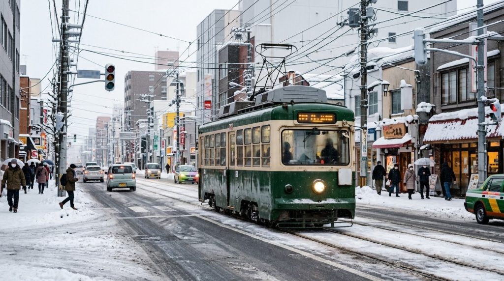 Sapporo city streetcar on a snow-dusted street in winter