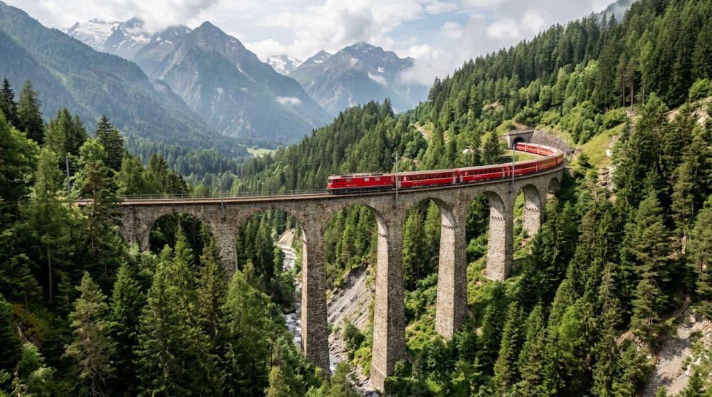 Red Swiss train crossing a stone viaduct in the alps
