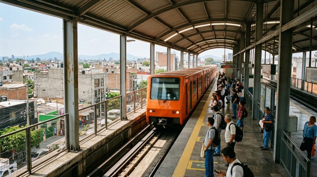 Mexico City Metro train arriving at an elevated platform