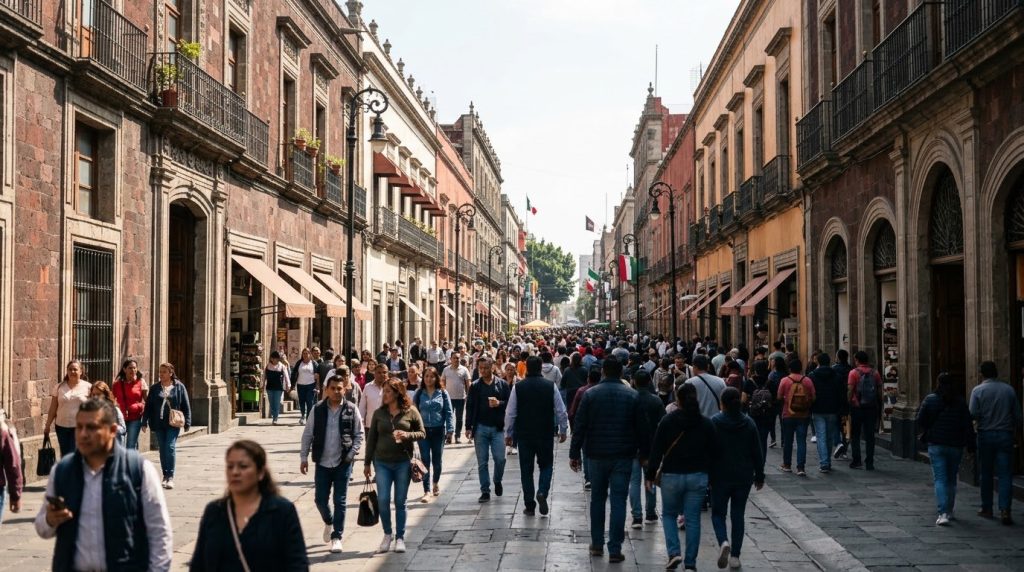 Busy pedestrian street with colonial buildings in central Mexico City