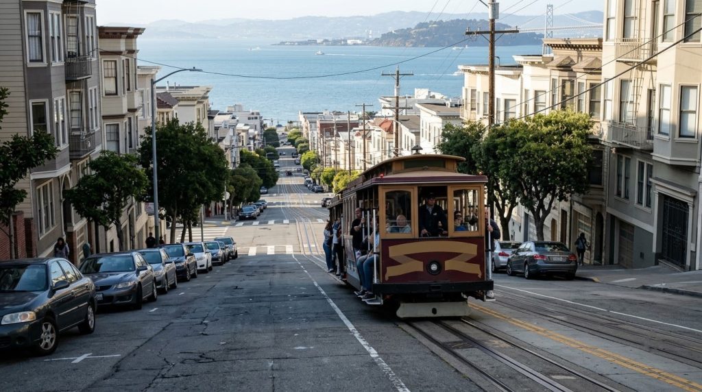 Cable car climbing a steep street in San Francisco, California