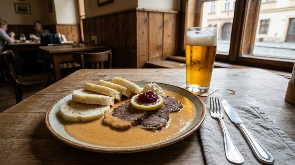 Svickova beef dish with bread dumplings on a table in Prague
