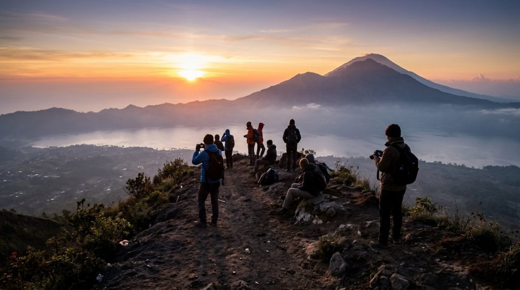 Sunrise view from the summit ridge of Mount Batur volcano in Bali