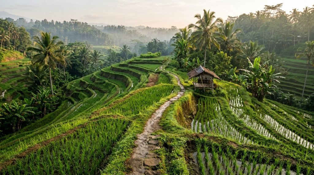 Green rice terraces with a dirt path near Ubud, Bali, Indonesia