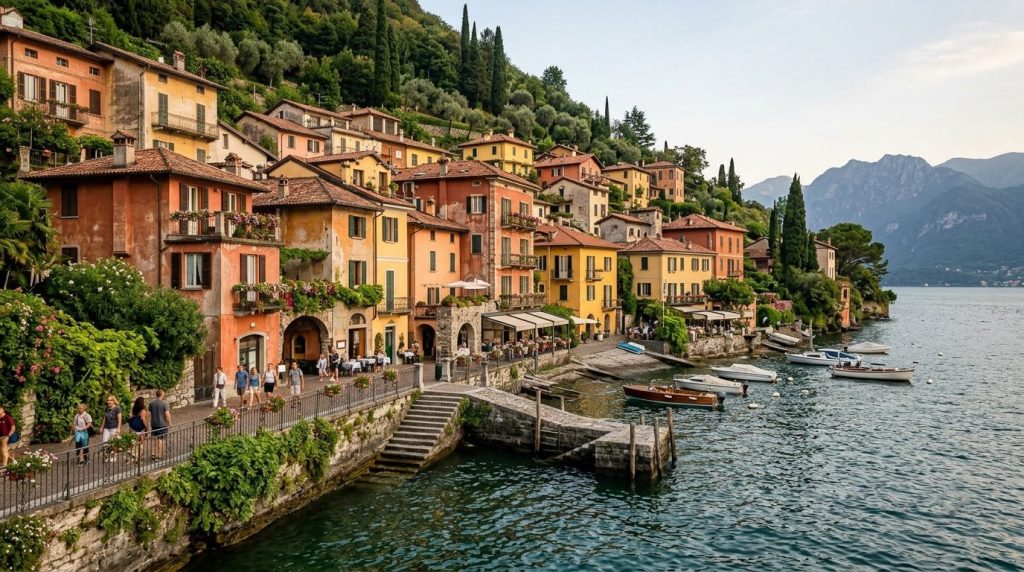 Colorful lakefront houses along the promenade in Varenna, Lake Como