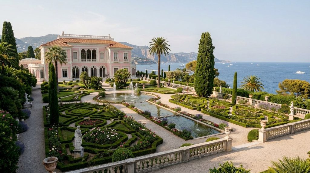 Manicured gardens overlooking the sea at Villa Ephrussi, Cap Ferrat