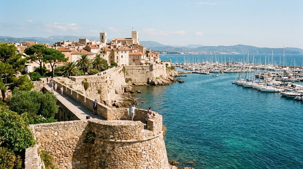 Old town ramparts overlooking the harbor in Antibes, France
