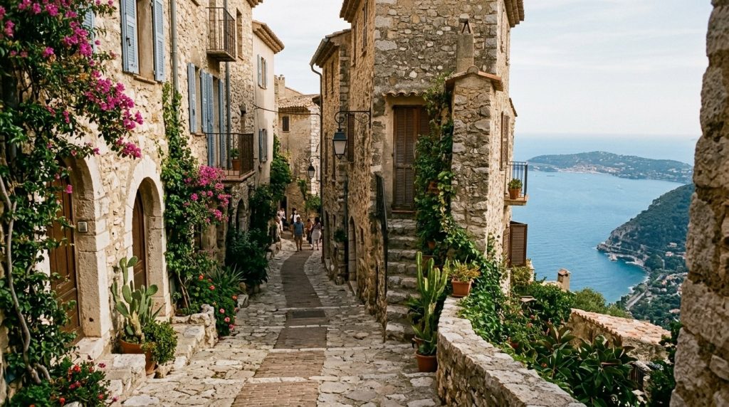 Narrow stone lanes in the hilltop village of Eze, French Riviera