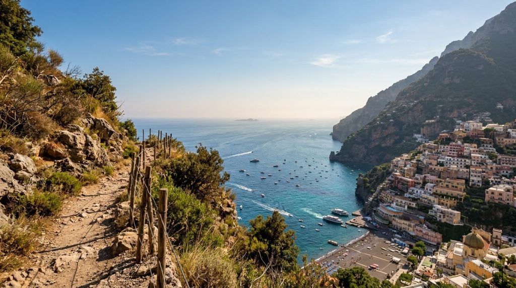Pastel cliffside houses of Positano seen from the Path of the Gods