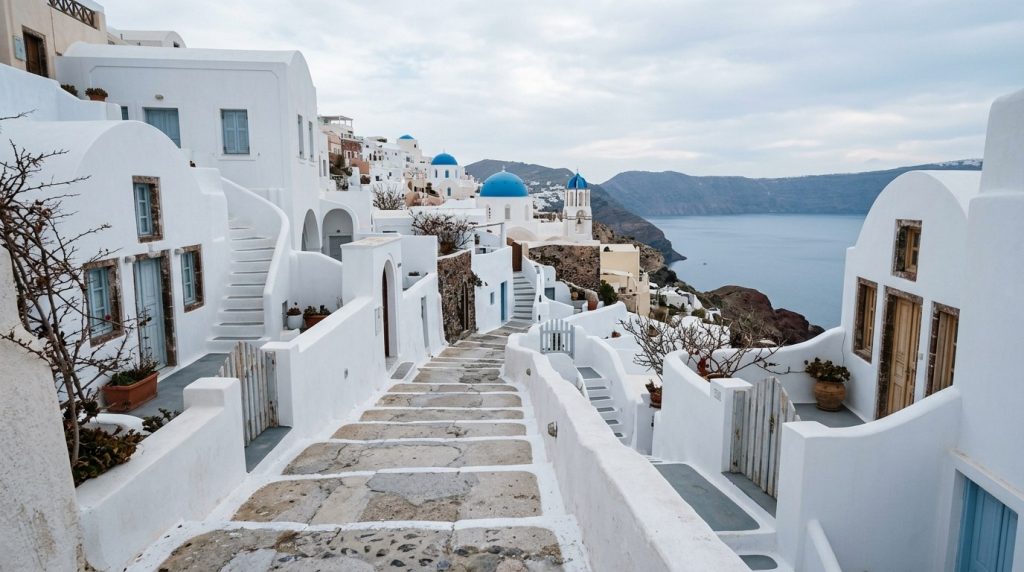 Quiet empty whitewashed lanes of Oia, Santorini, in winter