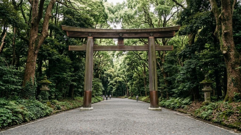Torii gate and forest path leading to Meiji Shrine in Tokyo