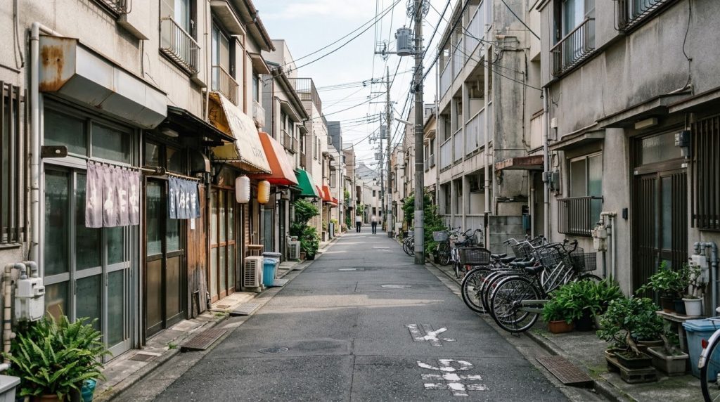 Quiet residential side street with small shops in Tokyo, Japan