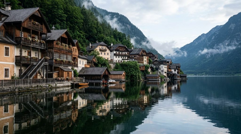 Historic lakefront buildings reflected in Lake Hallstatt, Austria