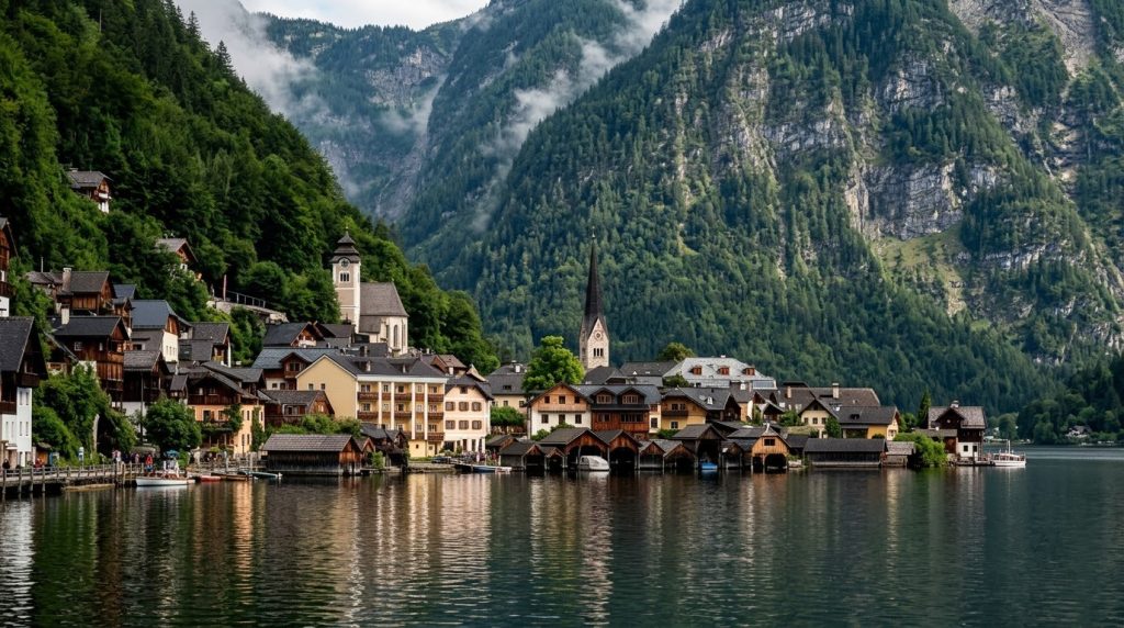 Alpine village of Hallstatt on the lakeshore in Austria