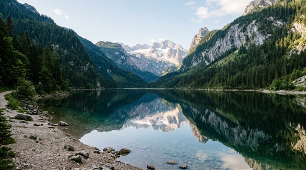Gosausee alpine lake with Dachstein peaks reflected, near Hallstatt