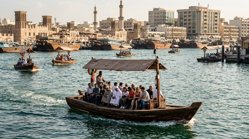 Wooden abra boats crossing Dubai Creek between old districts