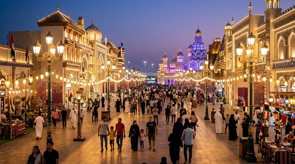 Lantern-lit pathways at the Global Village cultural park, Dubai