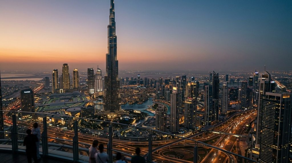 Skyline view of the Burj Khalifa and Downtown Dubai at dusk
