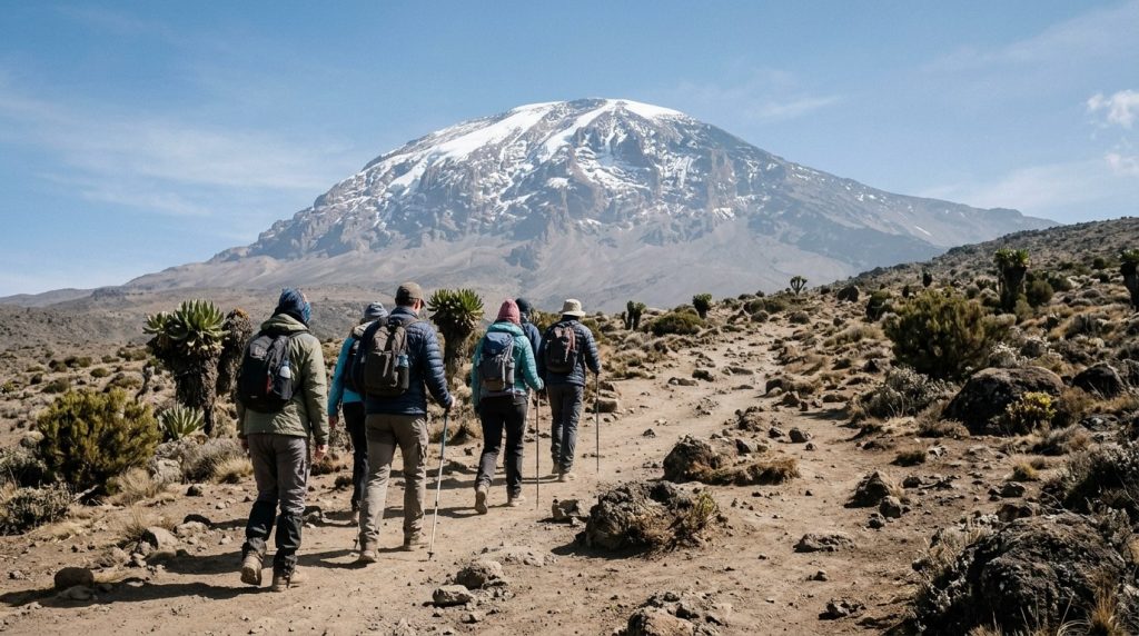 Hikers on a trail toward the snow-capped summit of Kilimanjaro