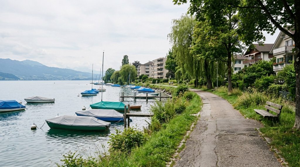 Quiet lakeside path in the Tribschen district of Lucerne, Switzerland