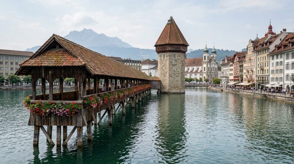Wooden Kapellbrucke bridge over the Reuss River in Lucerne