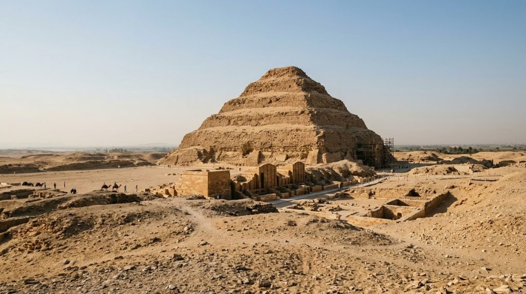 Step Pyramid of Djoser rising from the desert at Saqqara, Egypt