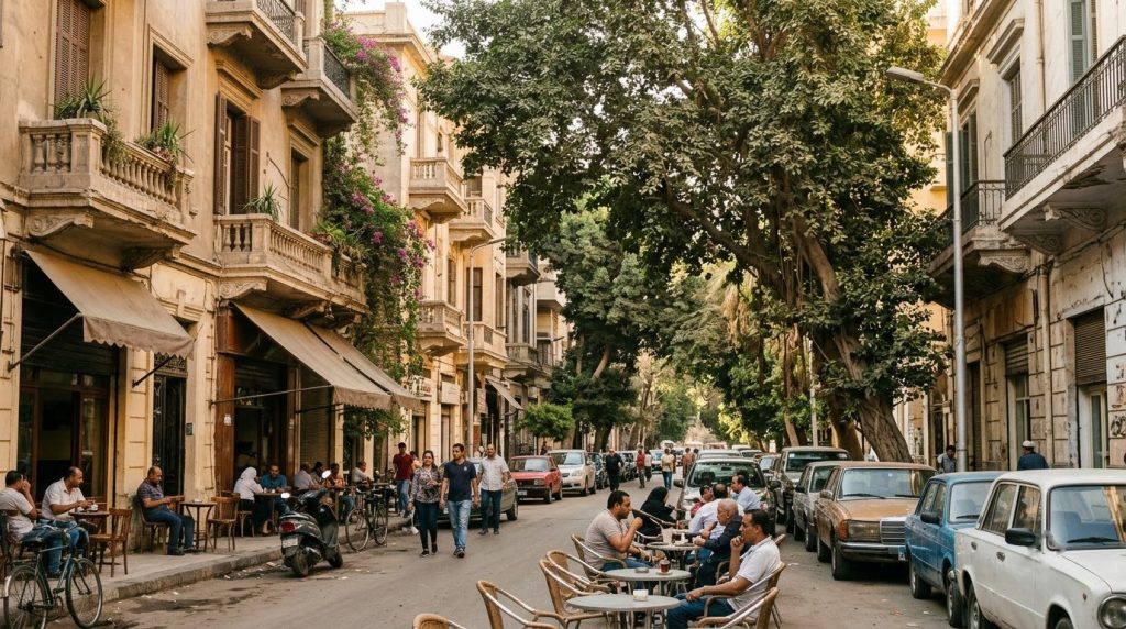 Tree-shaded street with old buildings in Zamalek, Cairo, Egypt