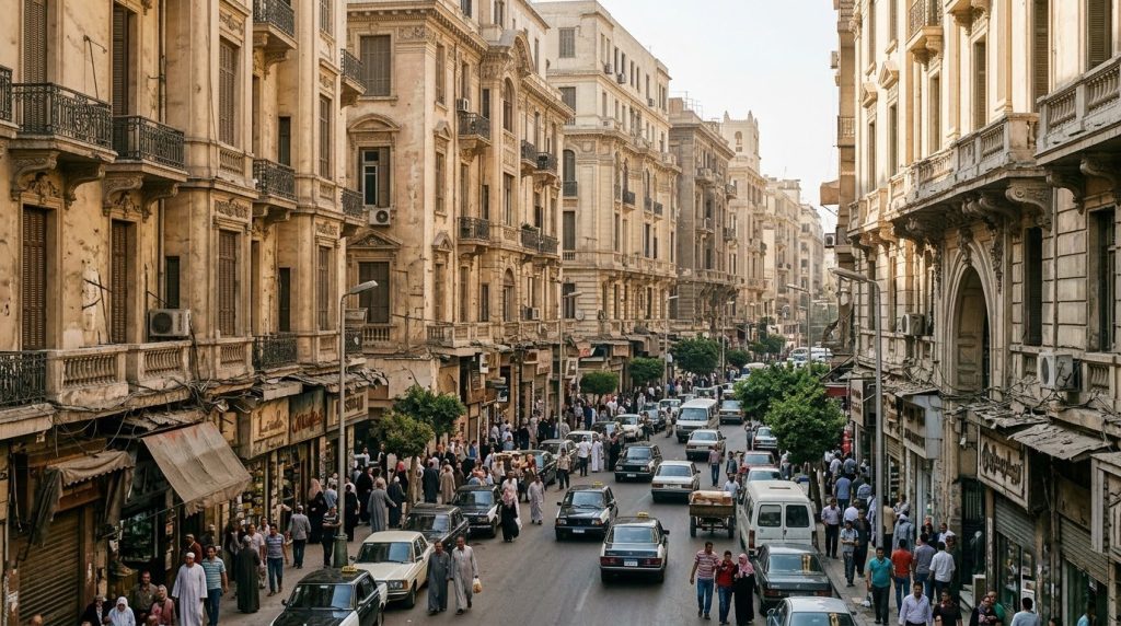 Historic facades lining a downtown street in Khedival Cairo