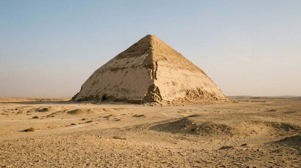 The angled Bent Pyramid standing in the desert at Dahshur, Egypt