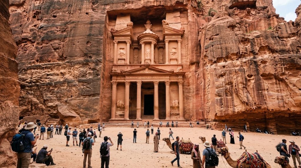 Rose-colored Treasury facade carved into the cliff at Petra, Jordan
