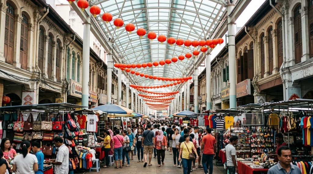 Covered market street with red lanterns in Chinatown, Kuala Lumpur
