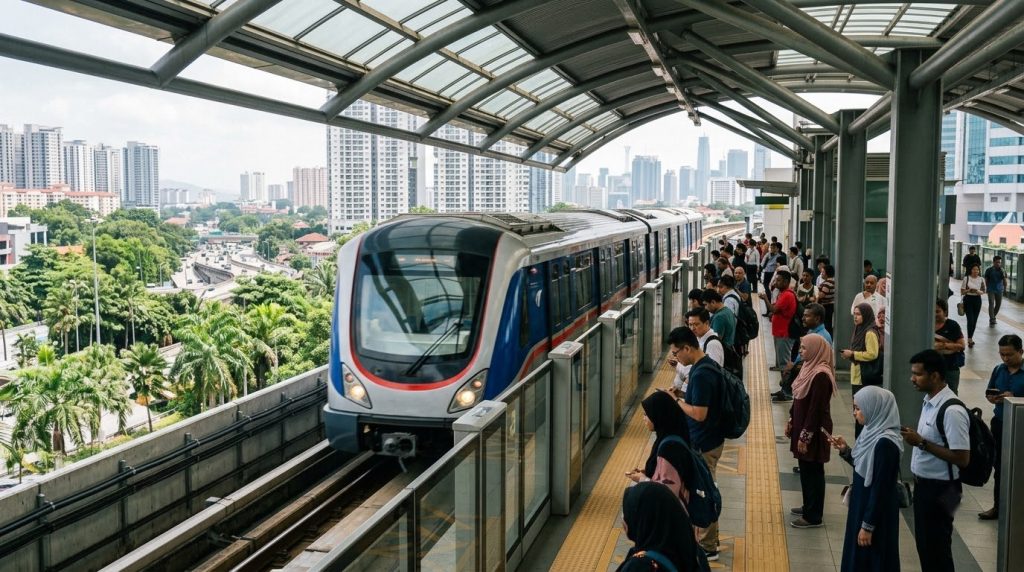 Elevated LRT train arriving at a station platform in Kuala Lumpur