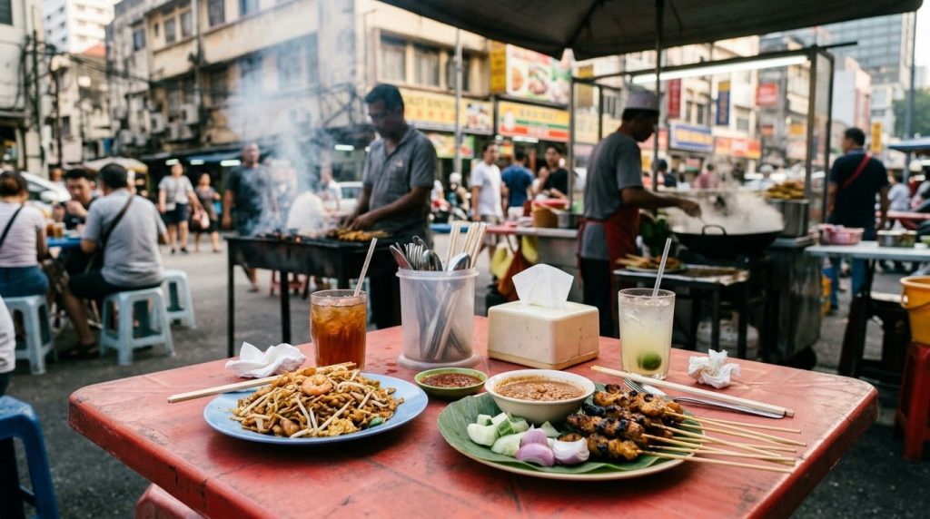 Hawker food stall with noodle dishes in Bukit Bintang, Kuala Lumpur