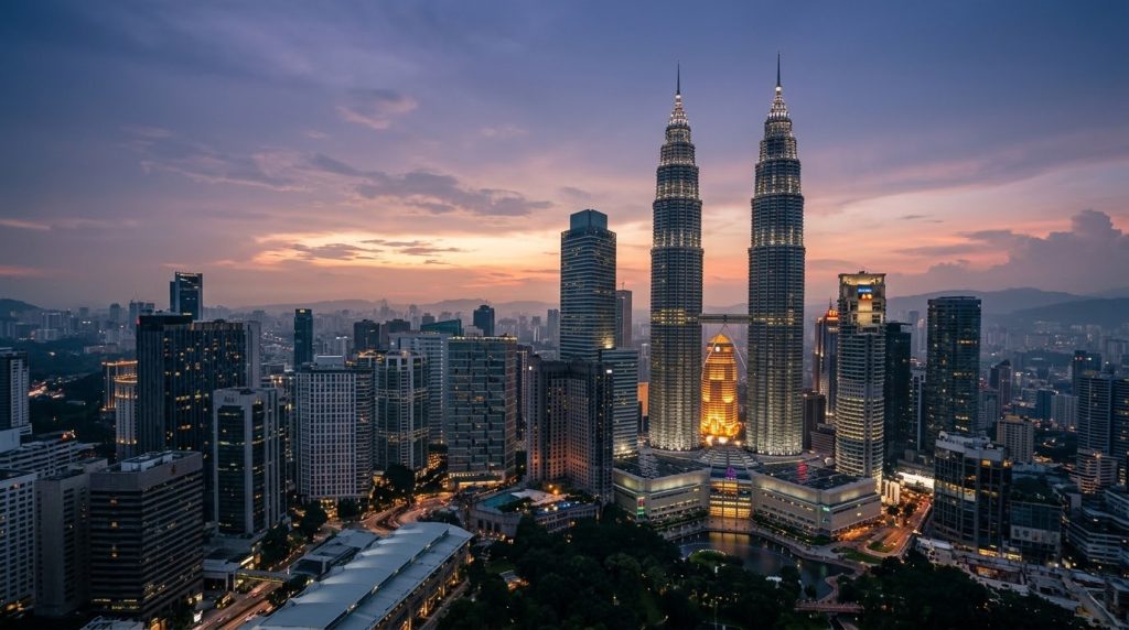Petronas Towers rising above the Kuala Lumpur skyline at dusk