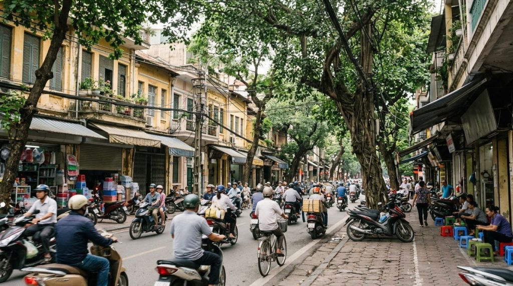 Motorbike traffic on a tree-lined street in central Hanoi