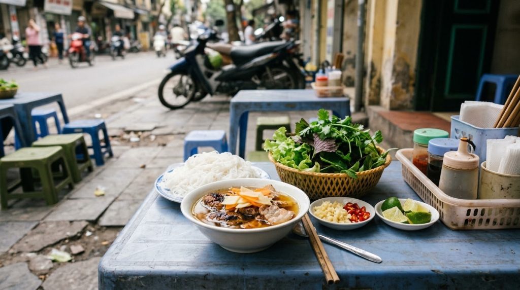Bowl of bun cha with grilled pork at a Hanoi street restaurant