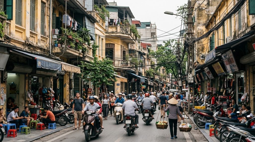 Motorbikes and pedestrians in Hanoi's Old Quarter, Vietnam