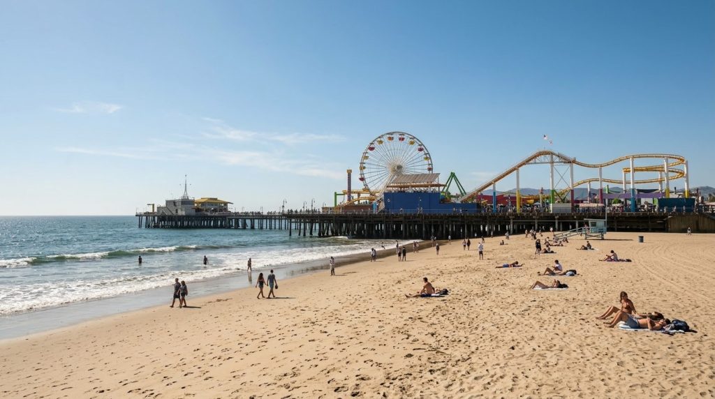 Santa Monica Pier and Ferris wheel over the beach in Los Angeles