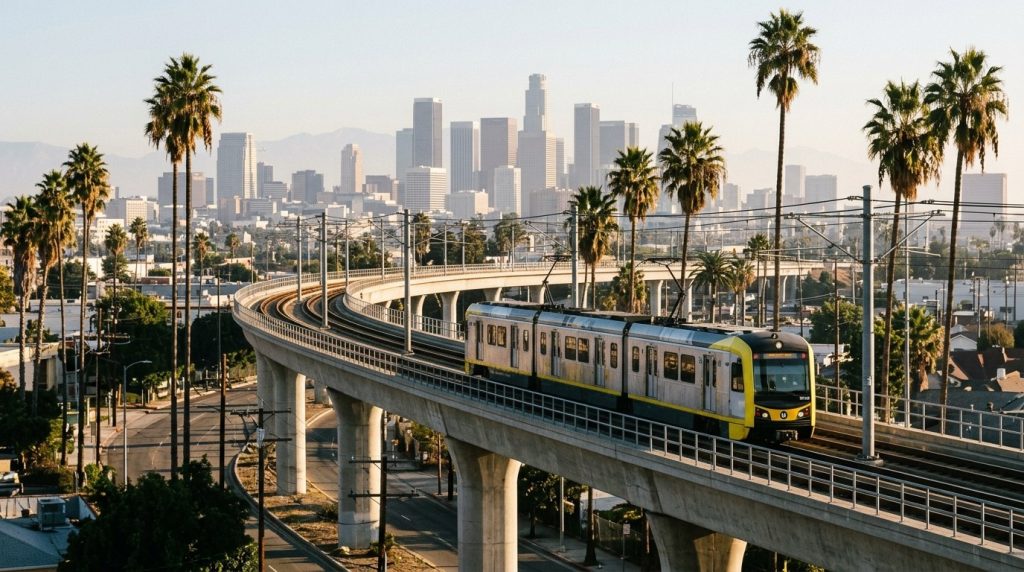 Los Angeles Metro train crossing an elevated track with skyline