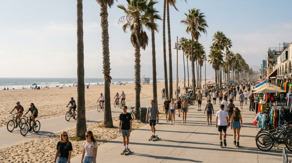 Palm trees along the Venice Beach boardwalk in Los Angeles
