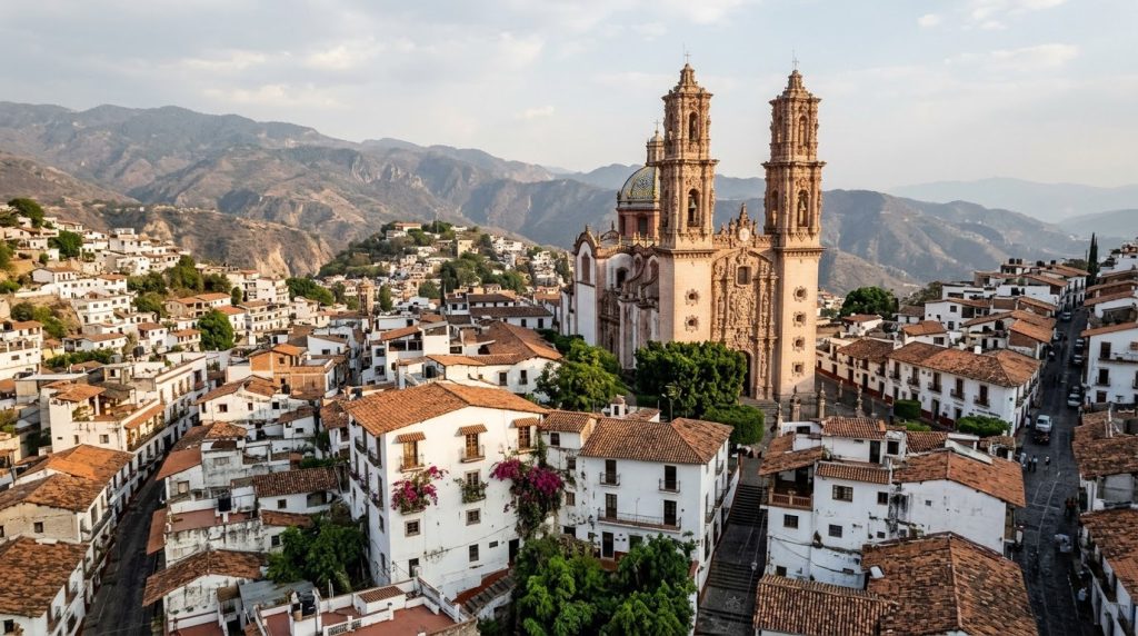Whitewashed hillside town and Santa Prisca church in Taxco, Mexico