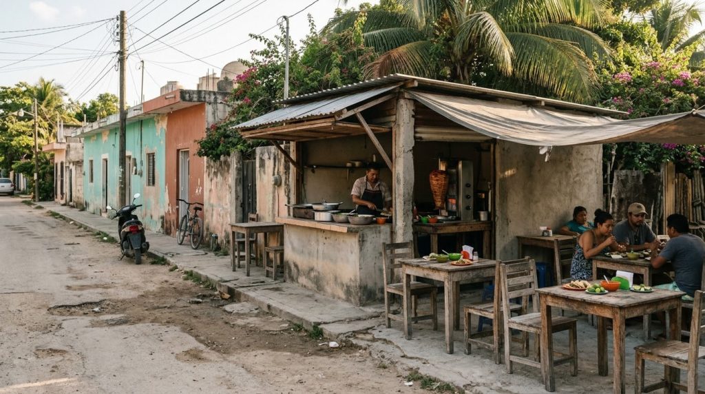 Local taco stand along a quiet street in Tulum Pueblo, Mexico