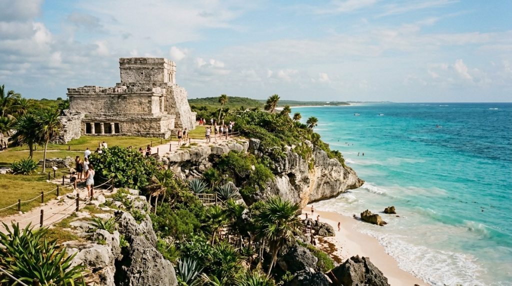 Mayan ruins on a cliff above a turquoise beach in Tulum, Mexico