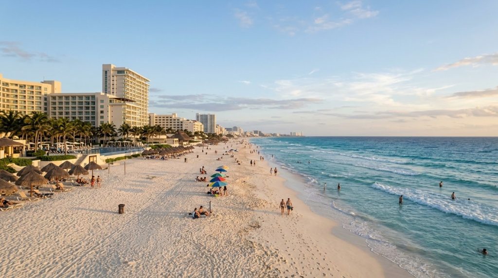 White-sand beach along the Hotel Zone in Cancun, Mexico