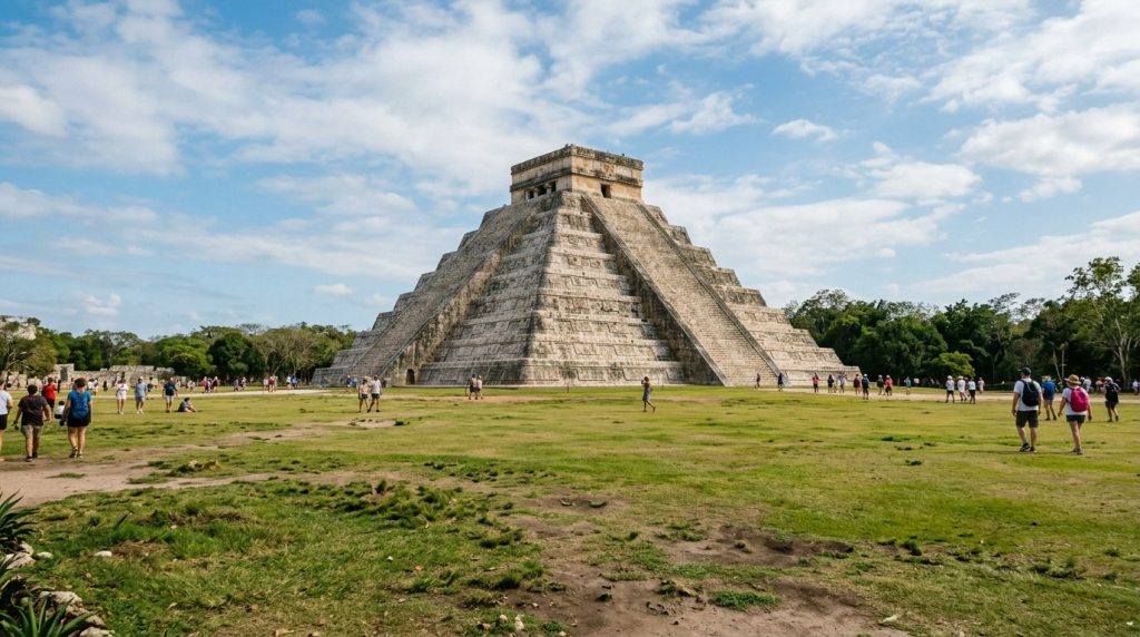 Stepped pyramid of Chichen Itza under a bright sky, Yucatan, Mexico