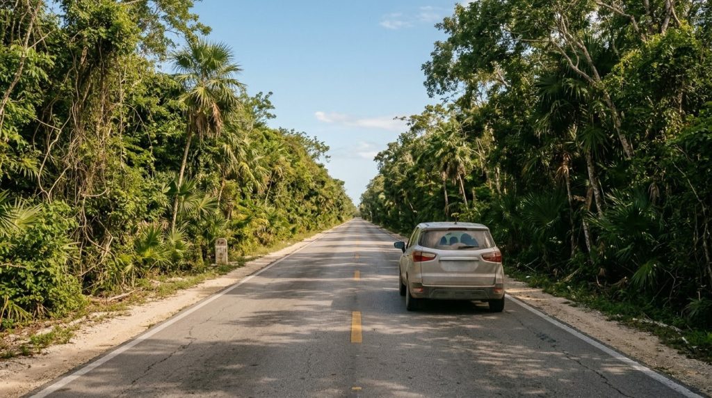 A two-lane jungle highway leading toward the town of Tulum, Mexico