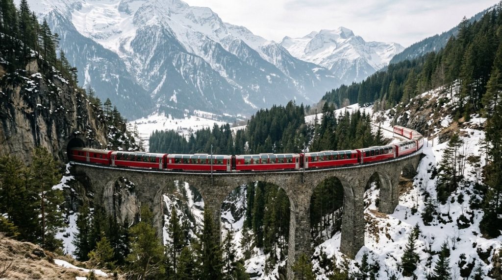 Red panoramic train crossing a viaduct in the Swiss Alps