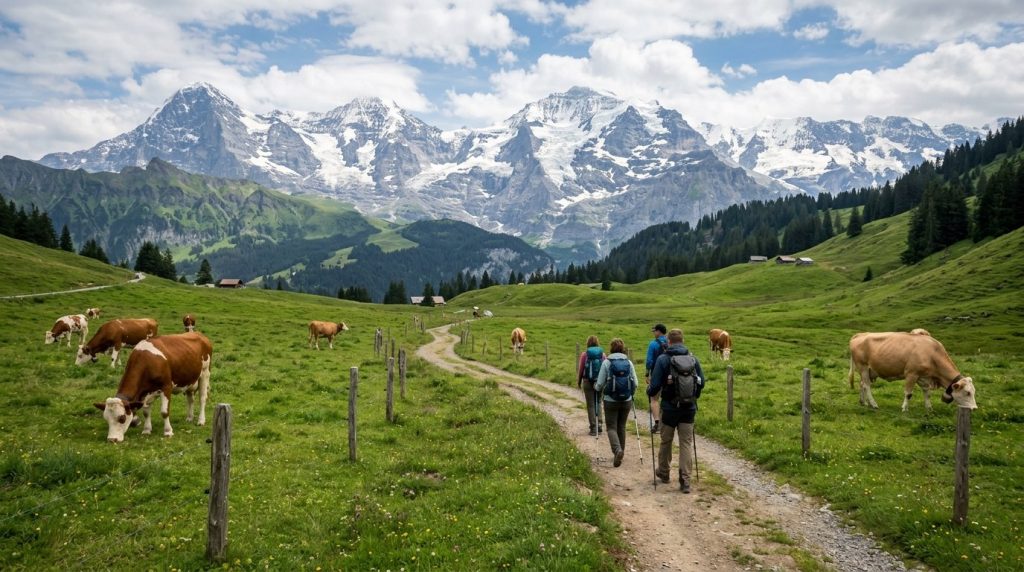 Hikers on a meadow trail in the Bernese Oberland, Swiss Alps
